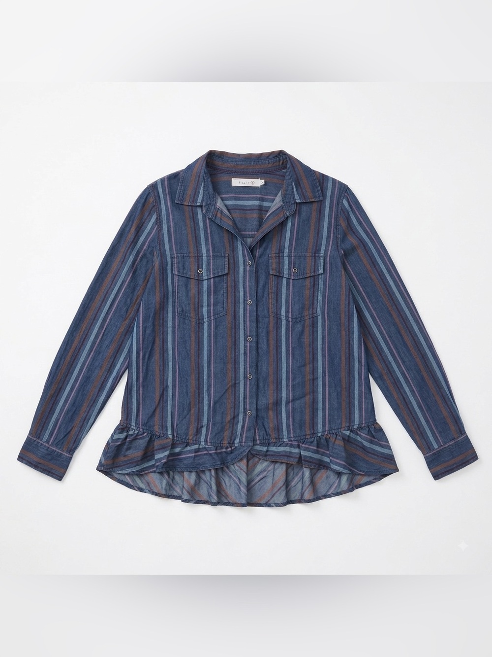 Billy T Womens M Blue Striped Button Down Shirt Ruffle Hem Boho Western Blouse